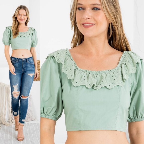 NEW Sage Moss Green 100% Cotton Eyelet Embroidered Ruffle Bow Tie Back Crop Top - Picture 9 of 9